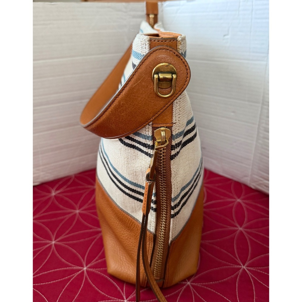 Fossil Maya Hobo Bag Striped Canvas Leather Shoulder Crossbody Tan Blue ZB7230 - Picture 4 of 10